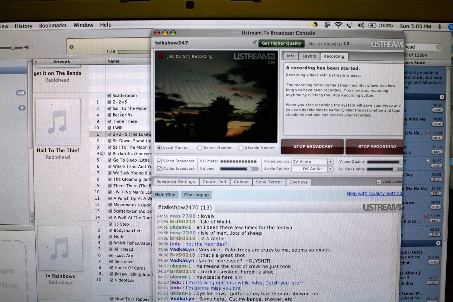 The Talkshow247 Ustream broadcast console, showing the video feed and viewer chat.