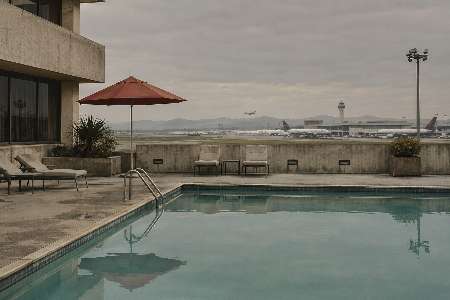 An airport hotel pool overlooking a runway beneath a gray sky.